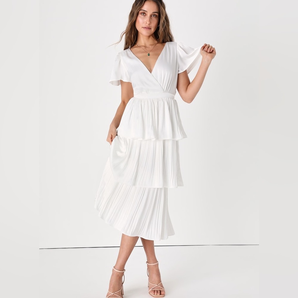 Lulus Twirl-wind Romance White Satin Tiered Midi Dress